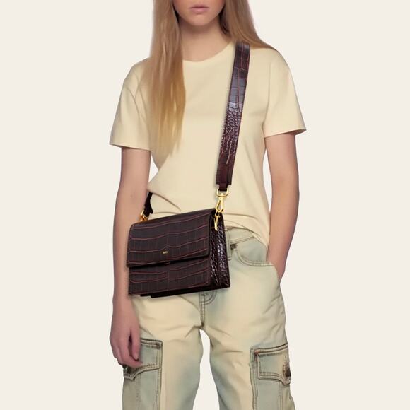 JW Pei Mini Flap Crossbody Burgundy Brown Croc Gold Hardware Vegan Leather Bag - Picture 2 of 16